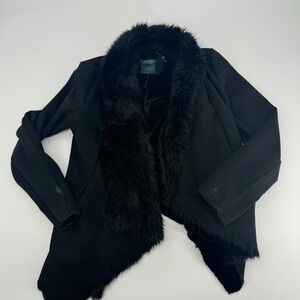 Lauren Ralph Lauren Faux Fur Collar Jacket Black Open Front‎ Elegant Chic